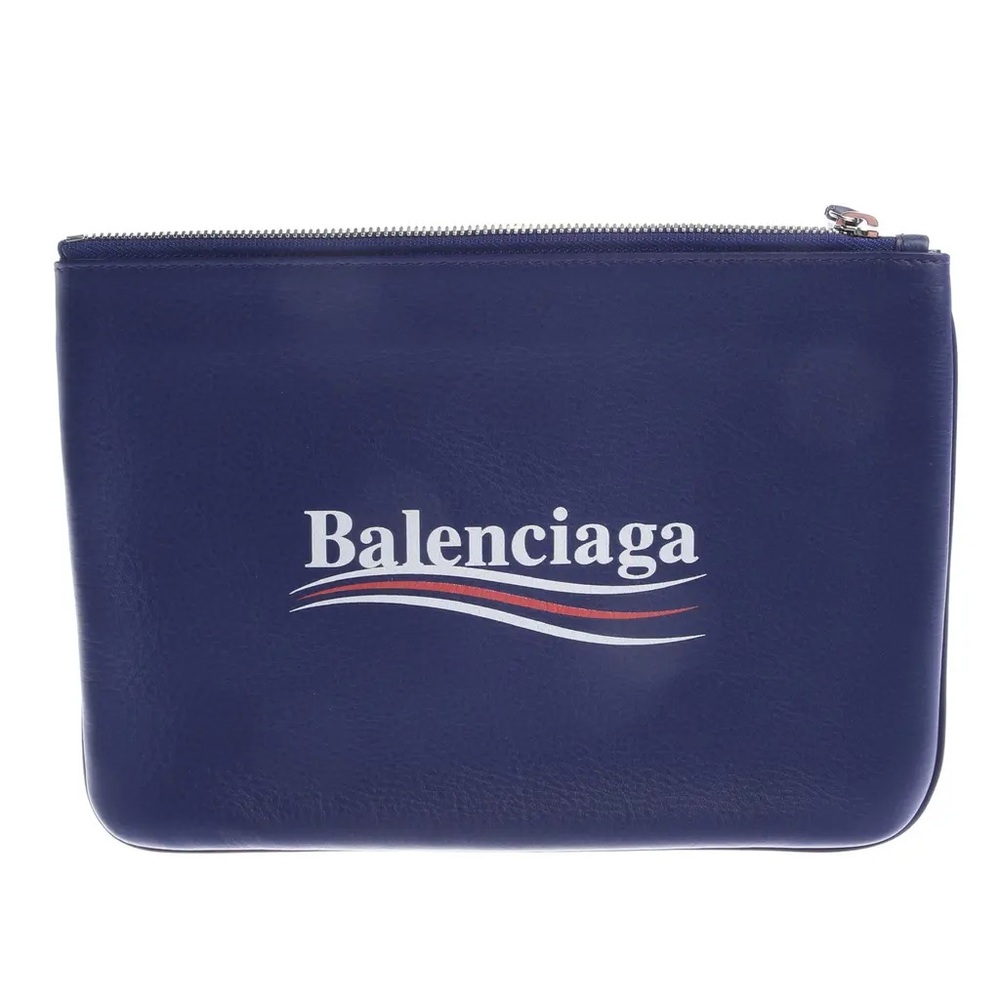 Balenciaga Navy Leather Logo Toiletry Pouch with Tricolor Detail